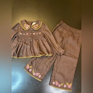 Primark NWT Brown Pink Floral Embroidery Smocked Cottagecore Pants Outfit Sz 3-4